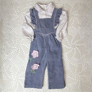 Vintage 1980s Tiny Tots Baby Girl 3t Floral Gray Corduroy Cropped Overalls Set